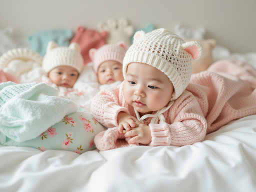 新生儿满月照，婴儿躺在粉色毛毯上，表情安详可爱，柔和光线营造温馨氛围