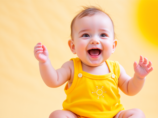 周岁生日照，小女孩穿着红色小裙子，坐在生日蛋糕前开心大笑，背景色彩温馨