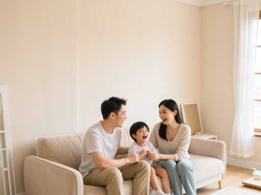 全家福照片，父母抱着婴儿，三人笑容灿烂，背景简洁温馨