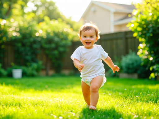 外景拍摄，小朋友在户外草地玩耍，阳光洒在身上，自然生动