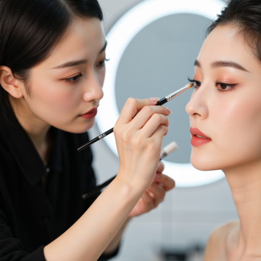 专业化妆师，女性，二十多岁，化着精致妆容，手持化妆刷，专业形象