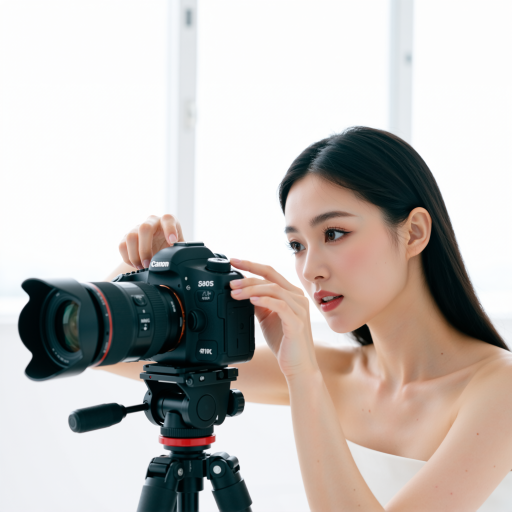 资深摄影师，女性，三十多岁，手持相机，温和微笑，专业摄影背景