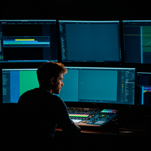 后期制作师，男性，三十岁左右，坐在电脑前工作，专业后期制作环境